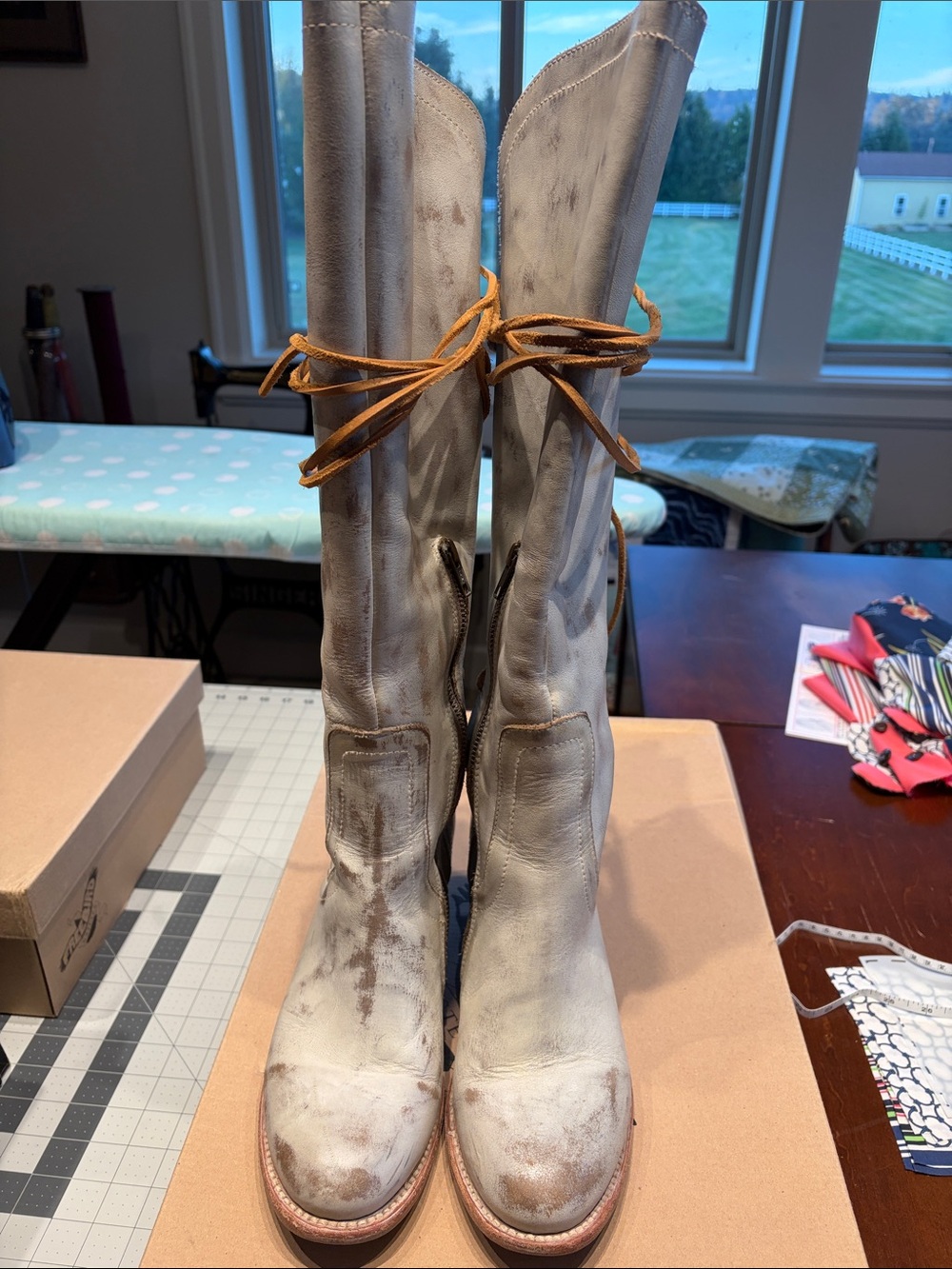 Cosmo Freebird by Steven Distressed White Tall Lace-Up Boots with Tan Laces 2.5”